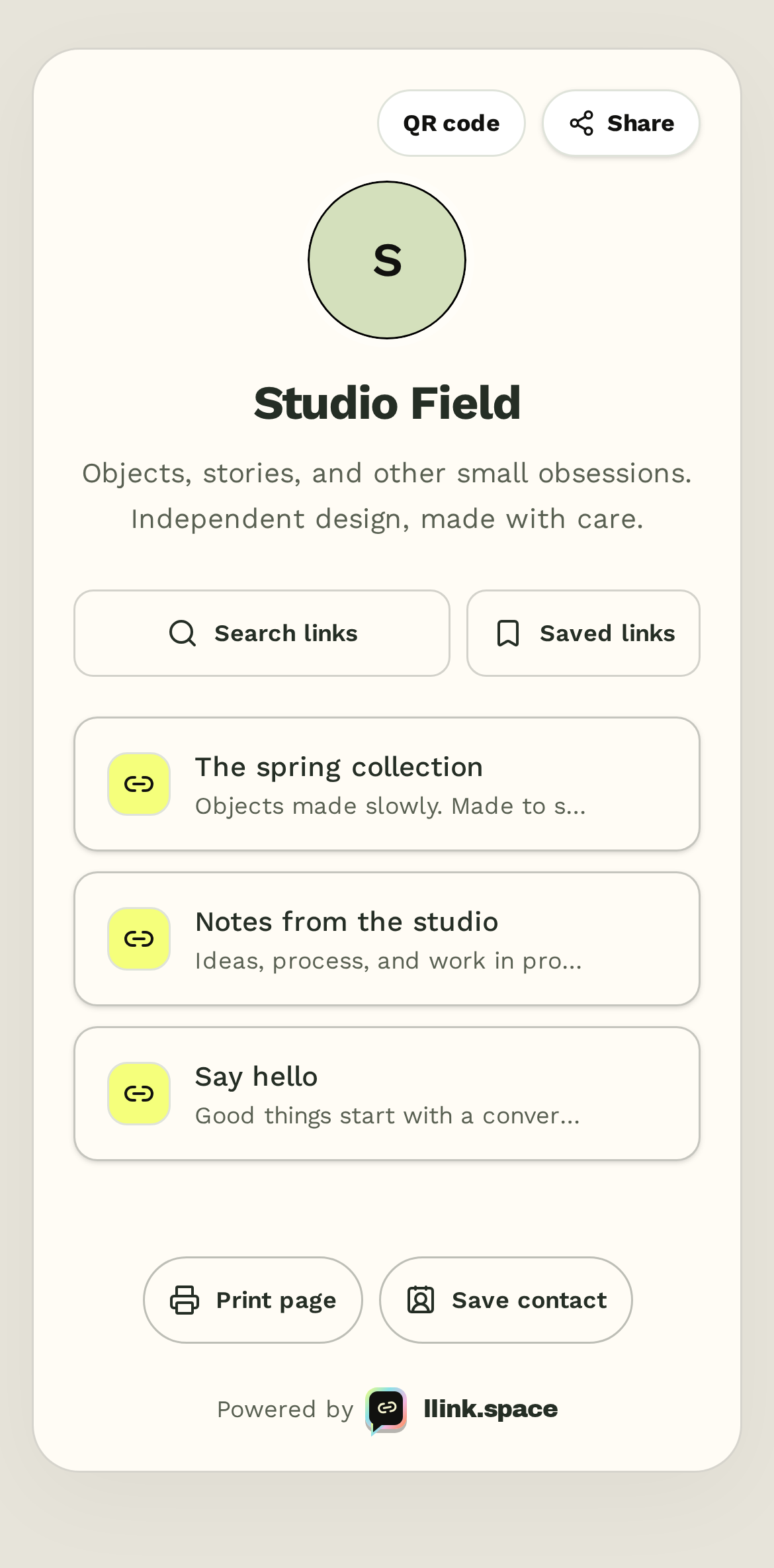 Fictional Studio Field profile showing its bio, reading list, and collection links in the real app